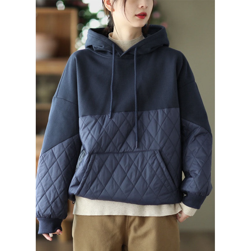 Stylish Navy Hooded Patchwork Fine Cotton Filled Sweatshirts Top Winter