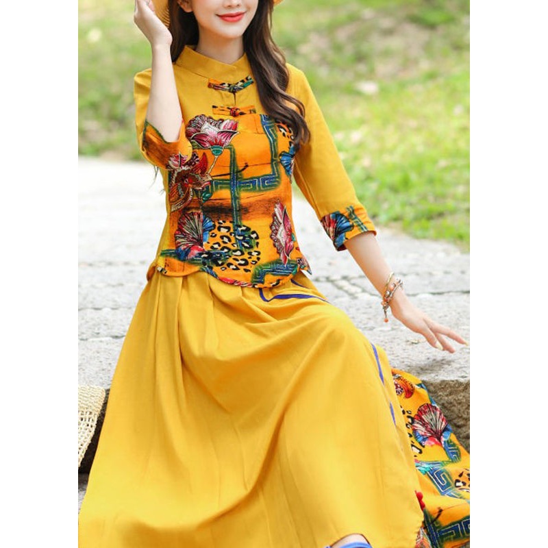 Stylish Yellow O-Neck Print Top And Skirts Two Piece Set Fall