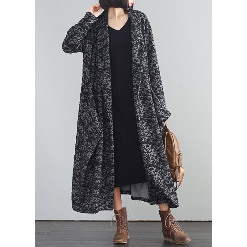 Vintage Black V Neck Print Button Trench Coats Fall