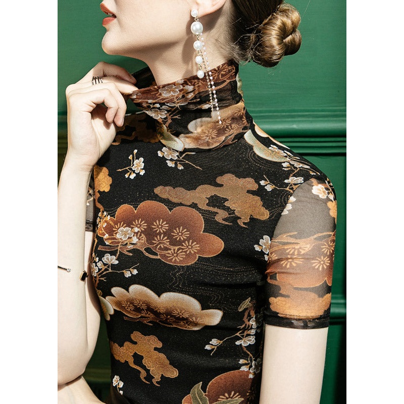 Vintage Turtleneck Print Tulle Top Short Sleeve