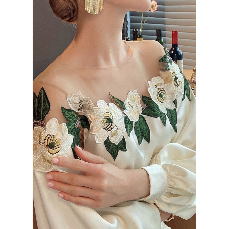 Vogue Beige O-Neck Embroidered Floral Patchwork Silk Top Fall