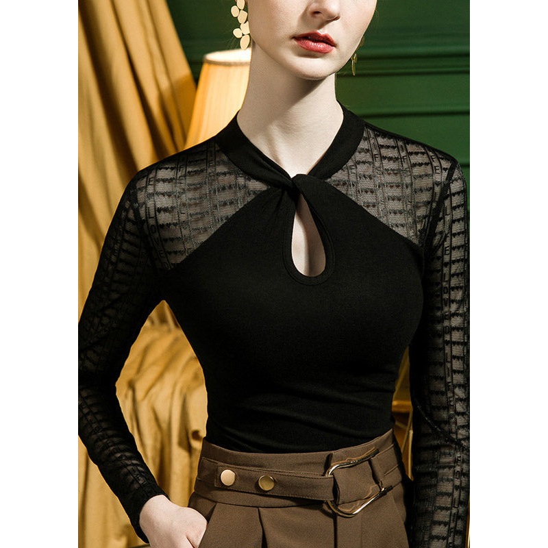 Vogue Black O-Neck Patchwork Hollow Out Lace Tops long Sleeve