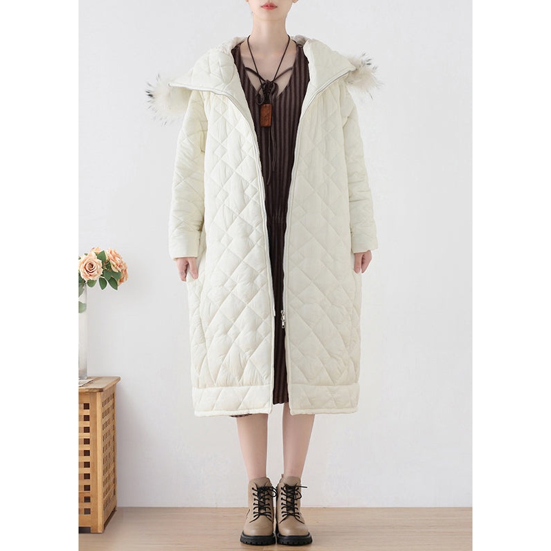 White Fur Collar Zippered Thick Hooded Parka Winter