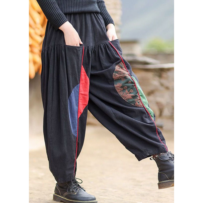 Women Black Elastic Waist Pockets Patchwork Warm Fleece Pants Winter