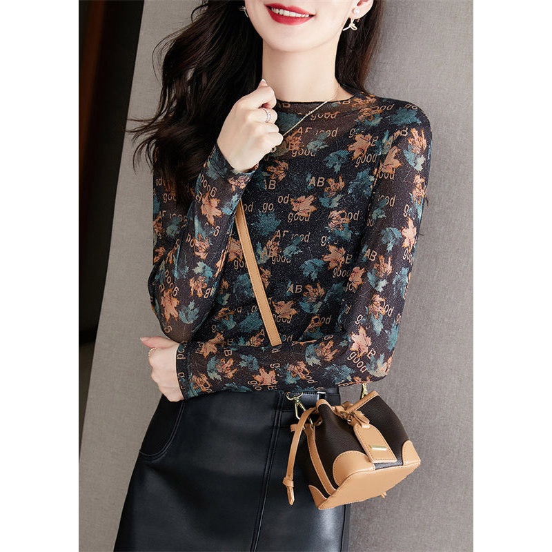 Women Black O-Neck Print Top Long Sleeve