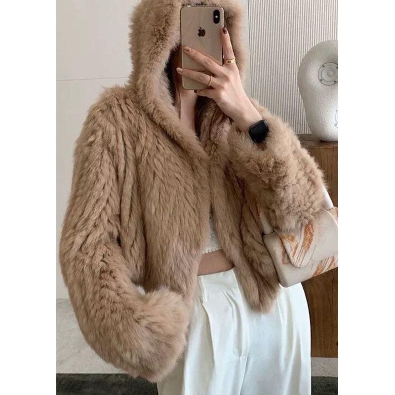 Women Coffee Hooded Solid Color Rabbit Hair Knit Jacket Winter