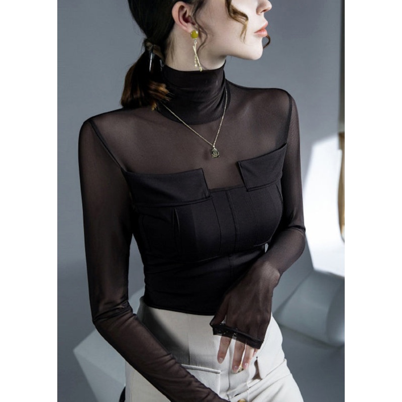 Women Coffee Turtleneck Patchwork Tulle Top Fall