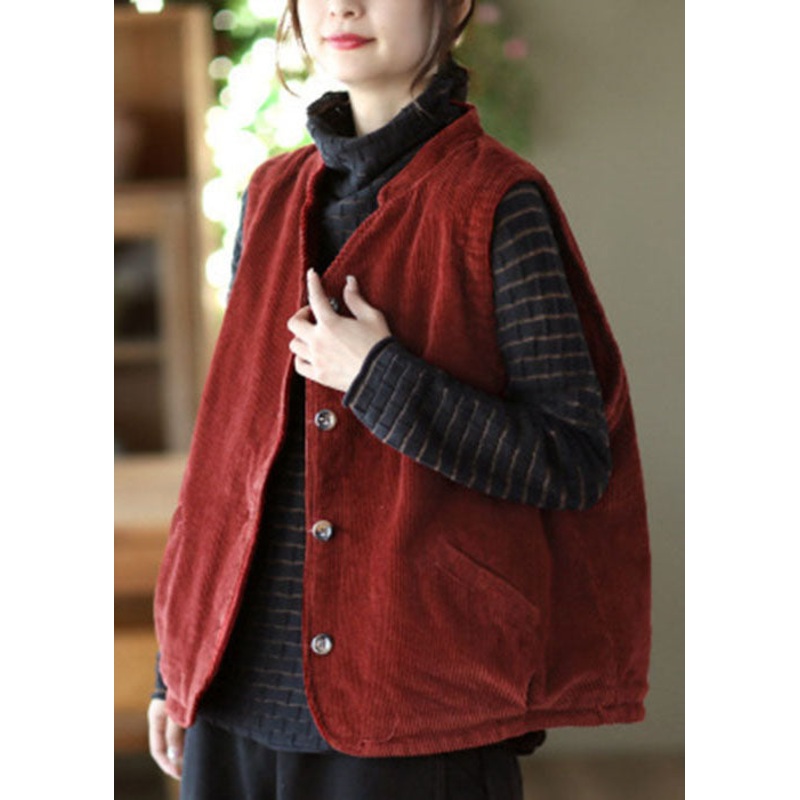 Women Green Stand Collar Solid Fine Cotton Filled Corduroy Vest Winter