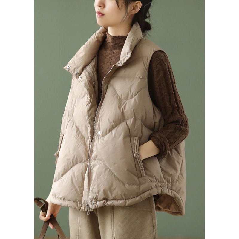Women Khaki Stand Collar Oversized Duck Down Puffer Vests Winter