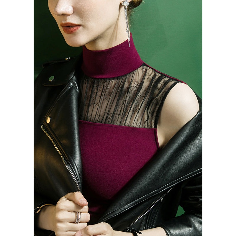 Women Mulberry Turtleneck Print Lace Patchwork Cashmere Top Fall