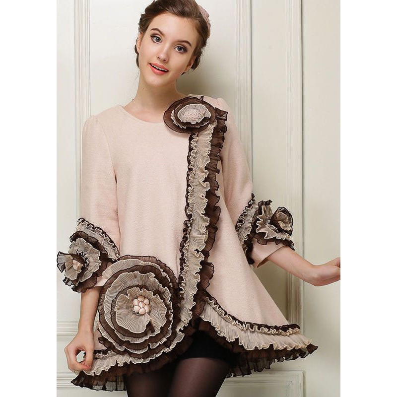 Apricot Patchwork Floral Woolen Coats Ruffled Nail Bead Spring
