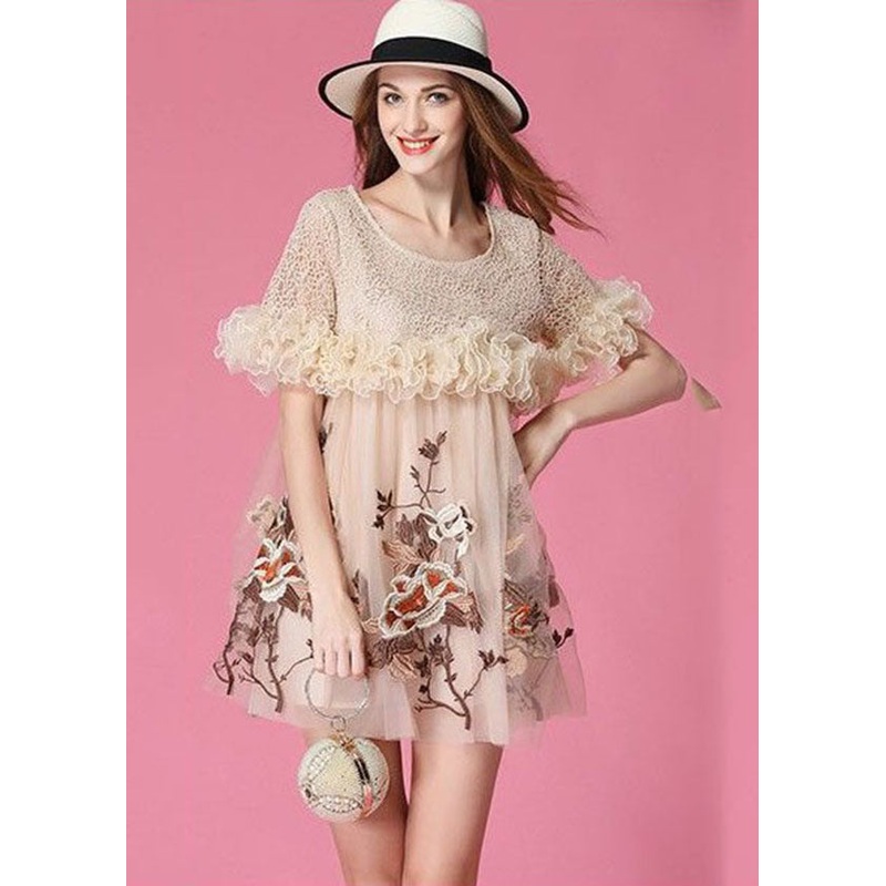 Art Beige Embroidered Ruffled Patchwork Organza Mini Dresses Short Sleeve