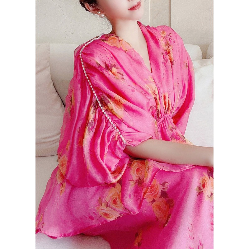 Art Rose V Neck Print Silk Top And Skirts Two Pieces Set Summer