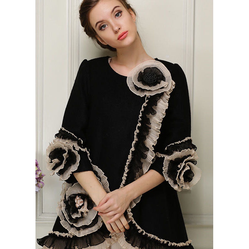 Beautiful Black O-Neck Nail Bead Floral Woolen Coats Bracelet Sleeve
