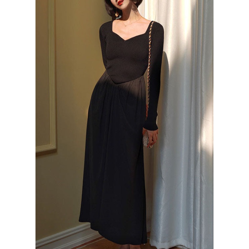 Beautiful Black Square Collar Patchwork Slim Fit Knit Dress Spring