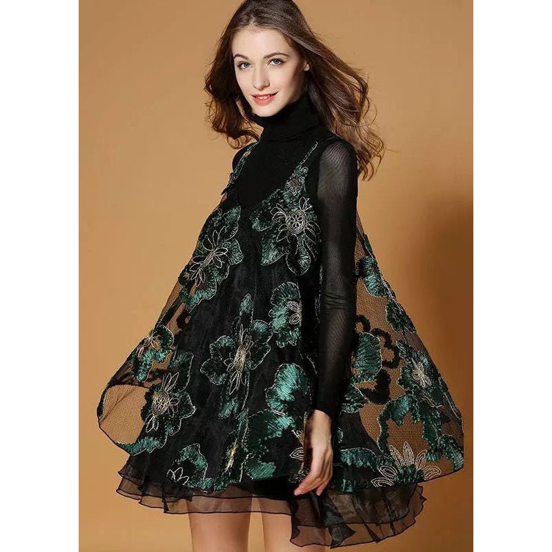 Beautiful Black Turtle Neck Embroidered Organza Two-Piece Set Spring