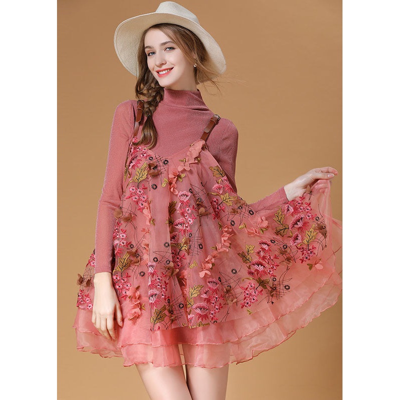 Beautiful Pink Turtle Neck Embroideried Organza Two Pieces Set Spring