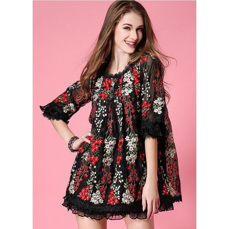 Black Organza Mini Dresses Embroideried Ruffled Spring