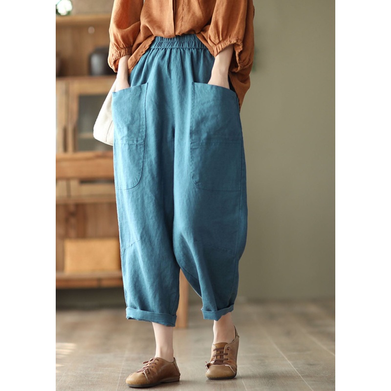 Blue Oversized Linen Crop Pants Elastic Waist Big Pockets Spring