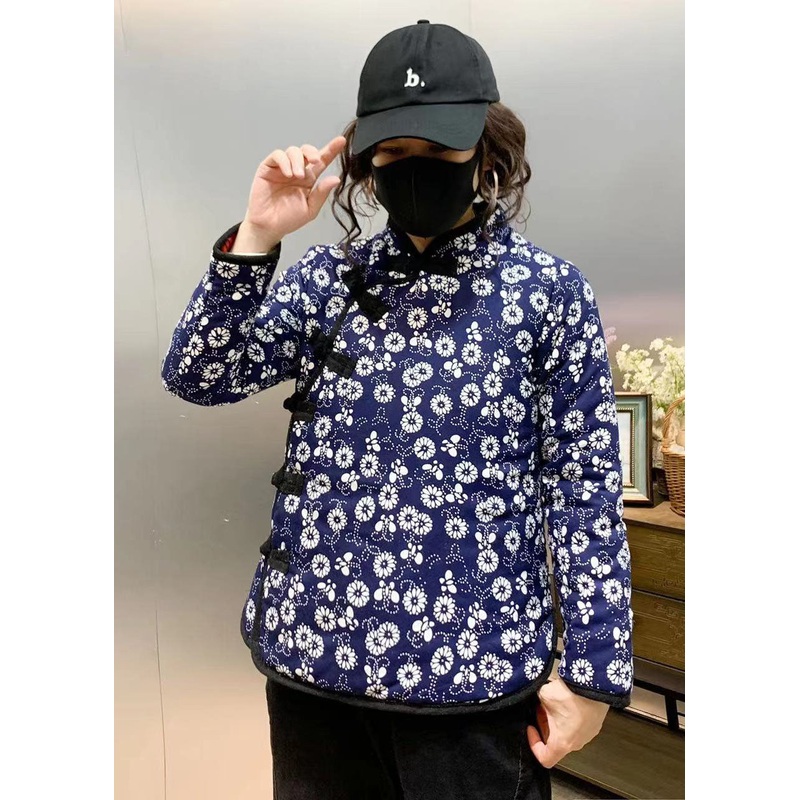 Blue Slim Fit Fine Cotton Filled Coats Stand Collar Print Winter