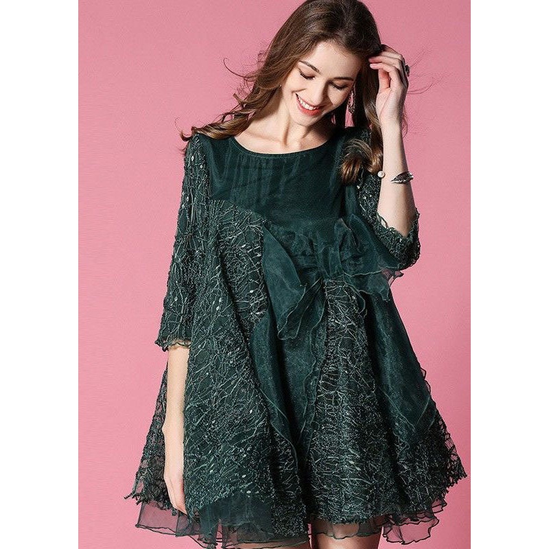 Bohemian Blackish Green Bow Patchwork Organza Vacation Dress Half Sleeve