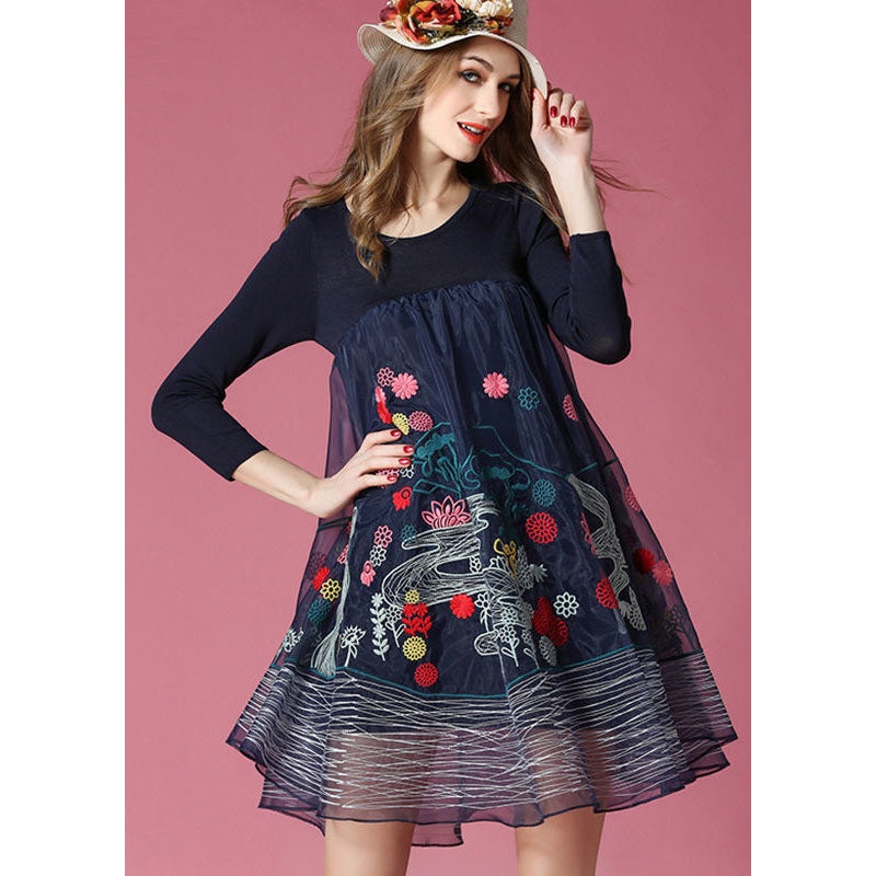 Bohemian Navy Embroideried Patchwork Organza Holiday Dress Spring