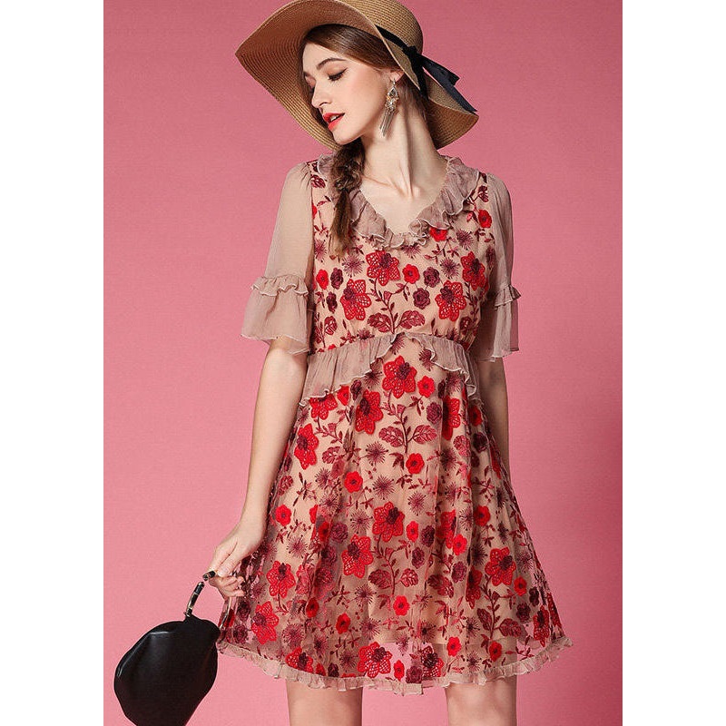 Bohemian Red Embroideried Patchwork Tulle Vacation Dress Short Sleeve