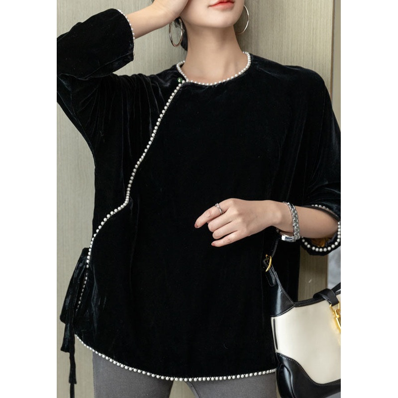 Boutique Black O Neck Nail Bead Lace Up Silk Velour Top Spring