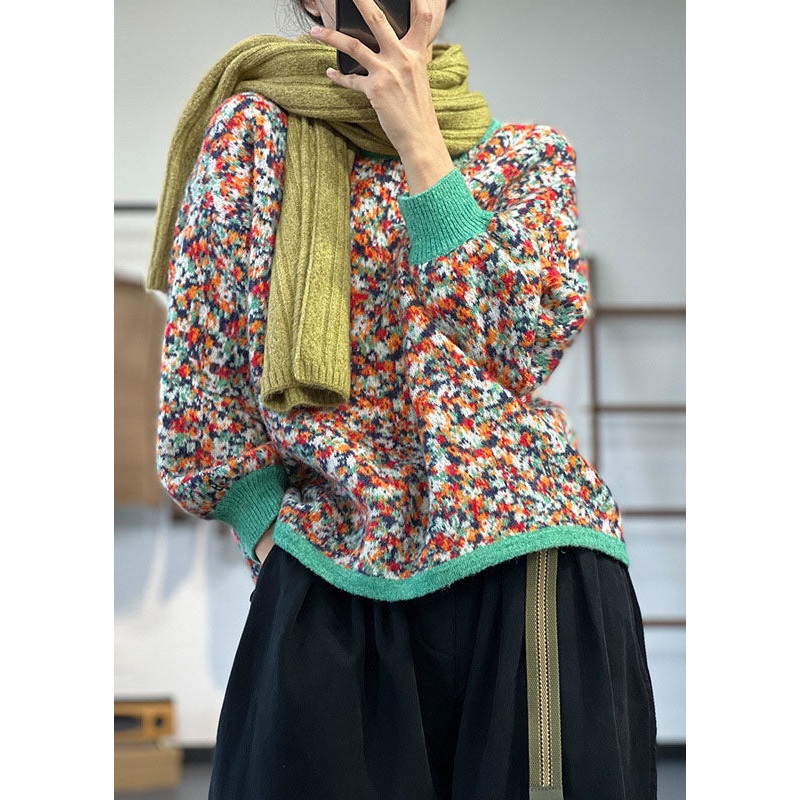 Boutique Green O-Neck Patchwork Chunky Oversized Print Knit Pullover Winter