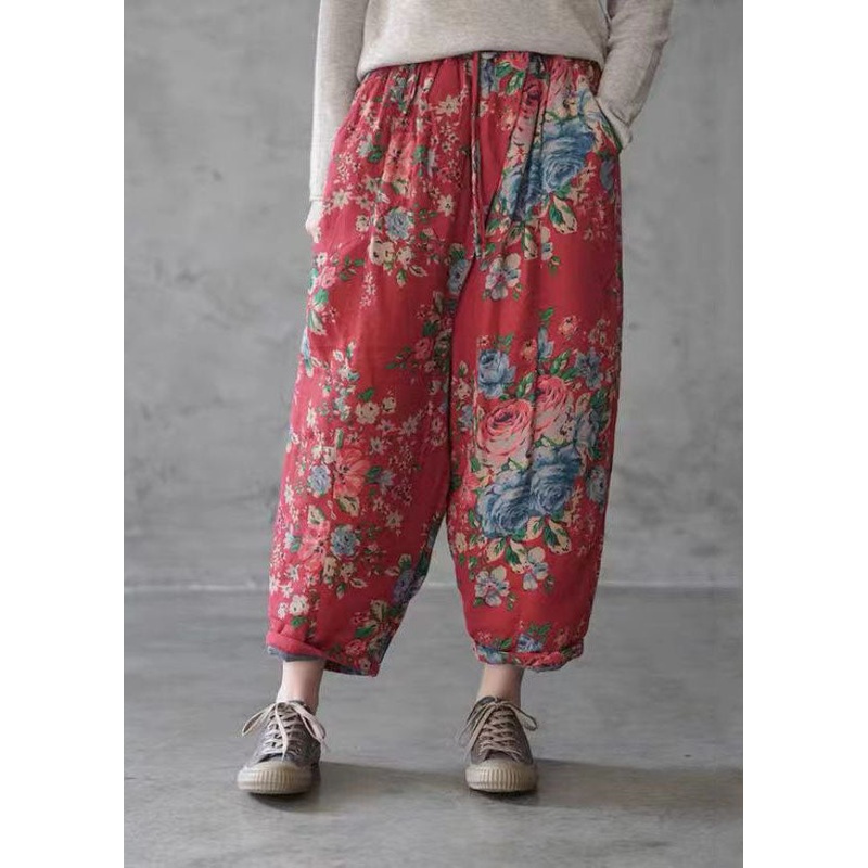Boutique Red Elastic Waist Print Fine Cotton Filled Pants Winter