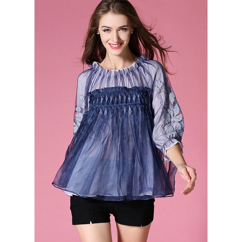Casual Blue Embroideried Wrinkled Organza Blouses Half Sleeve