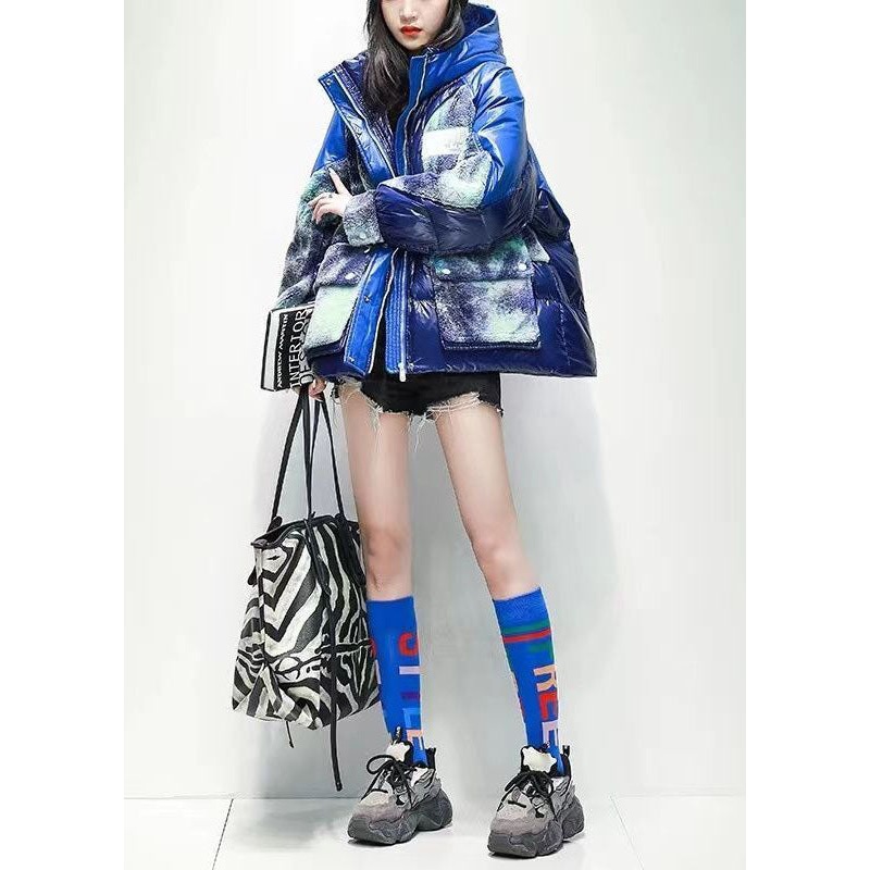Casual Blue Hooded Patchwork Print Duck Down Puffer Jacket Winter