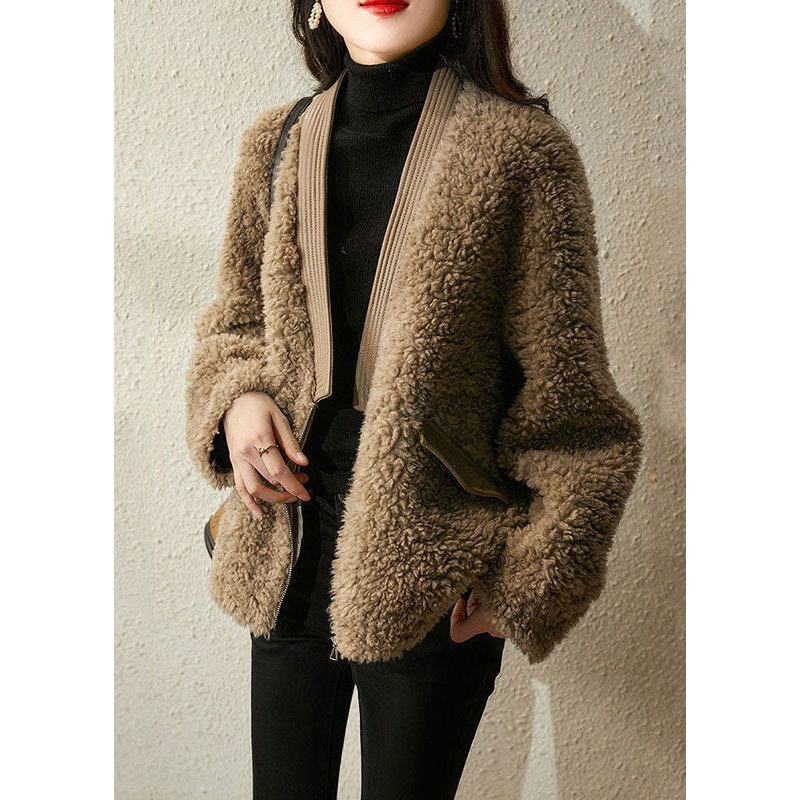 Casual Coffee V Neck Patchwork Tedd Faux Fur Coats Winter