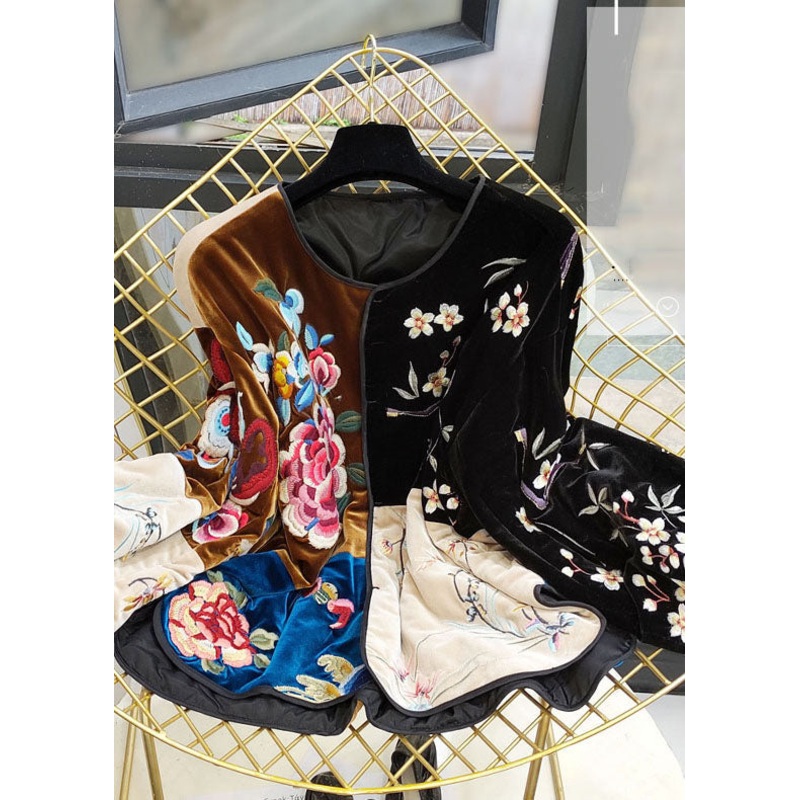 Casual Colorblock O Neck Patchwork Embroidery Fine Cotton Filled Outwear Winter