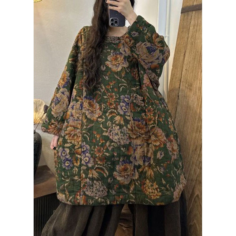 Casual Green Print Oversized Pockets Fine Cotton Filled Dress Winter