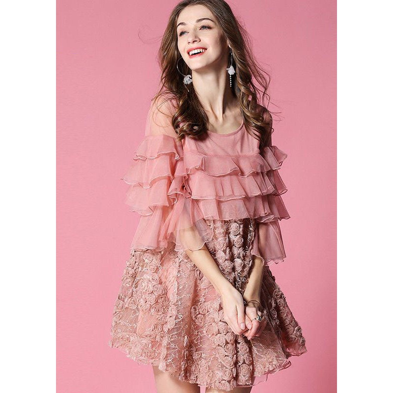Casual Pink Ruffles Patchwork Applique Tulle Dress Half Sleeve