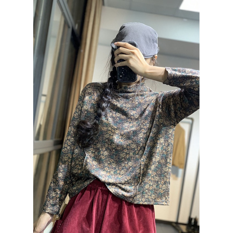 Casual Yellow Turtle Neck Patchwork Print Cotton Top Fall