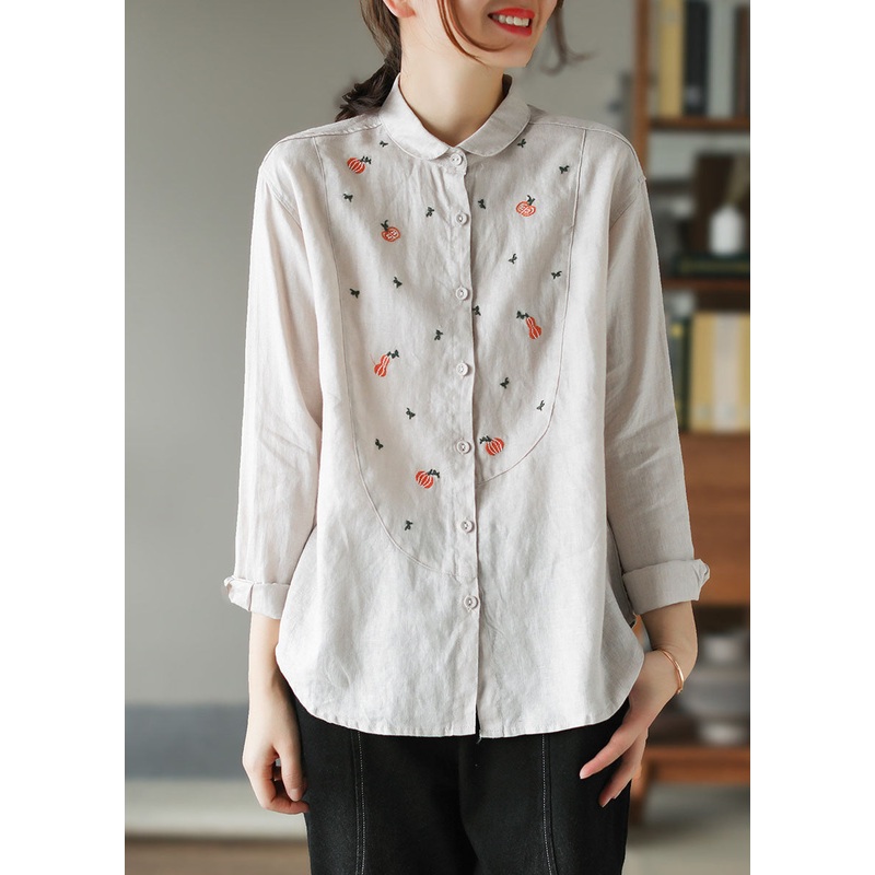 Chic Beige Peter Pan Collar Patchwork Linen Shirt Tops Spring
