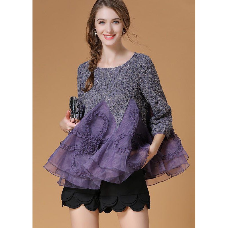 Chic Purple Ruffled Patchwork Organza Shirt Top Bracelet Sleeve