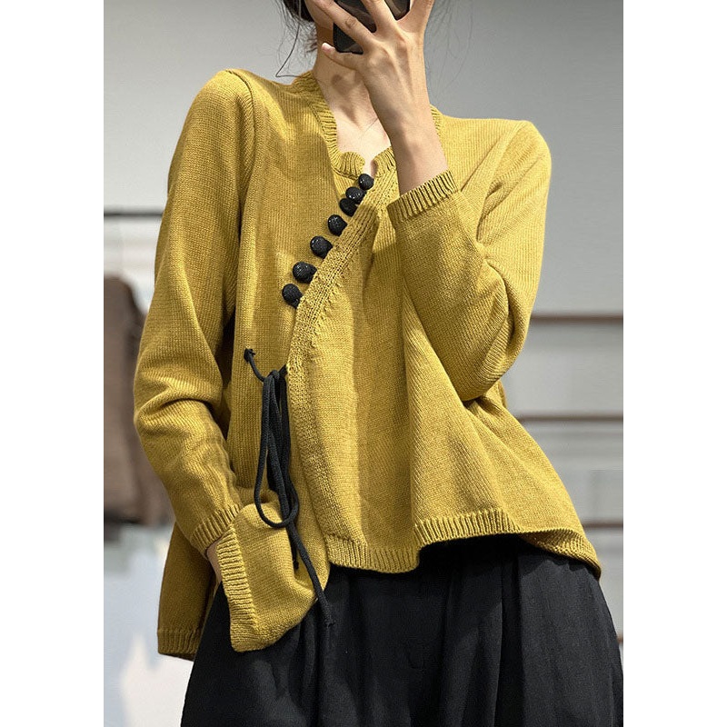 Chic Yellow Asymmetrical Design Lace Up Knit Sweater Tops Winter