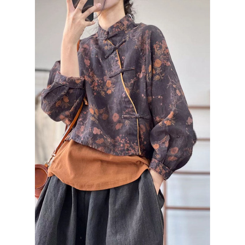 Chinese Style Blue Stand Collar Print Linen Top Spring