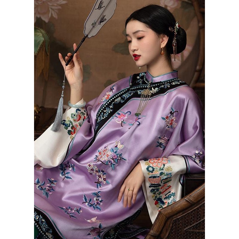Chinese Style Light Purple Stand Collar Embroidery Silk Tops Bracelet Sleeve