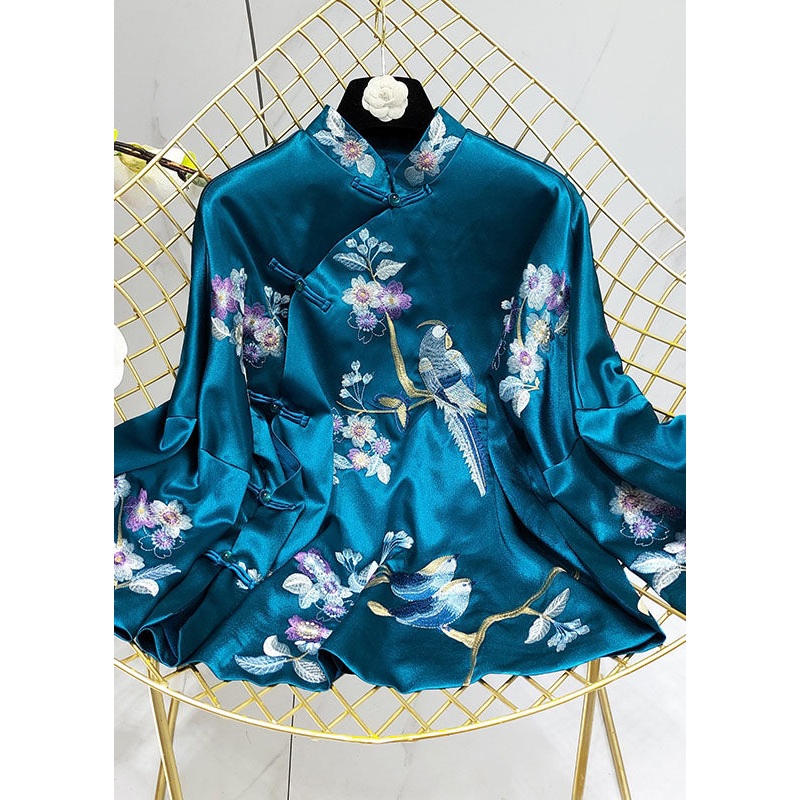 Chinese Style Peacock Blue Stand Collar Embroidery Silk Coats Spring