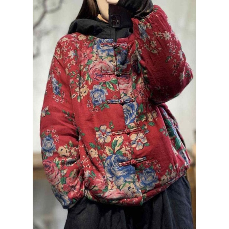 Chinese Style Red Print Patchwork Fine Cotton Filled Hoodie Coat Winter