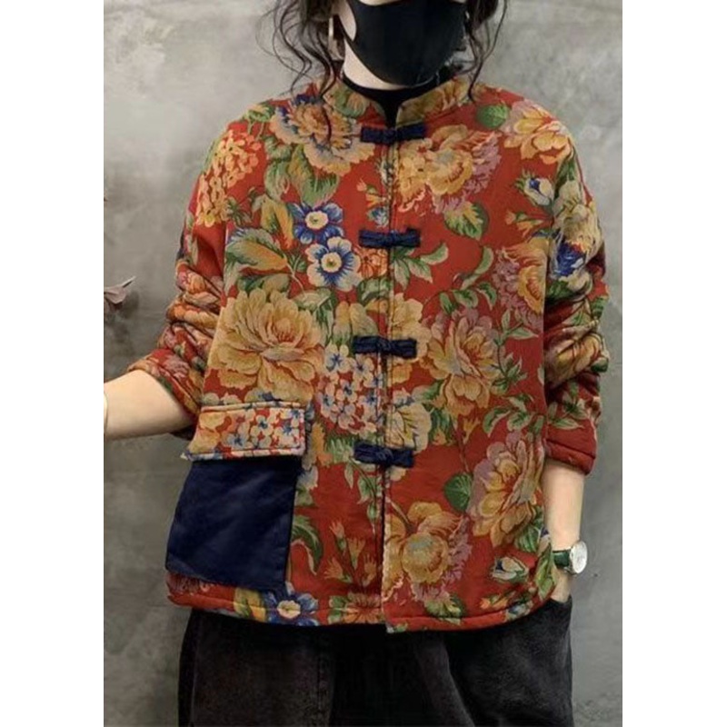 Chinese Style Yellow Print Patchwork Pocket Cotton Filled Outwear Winter