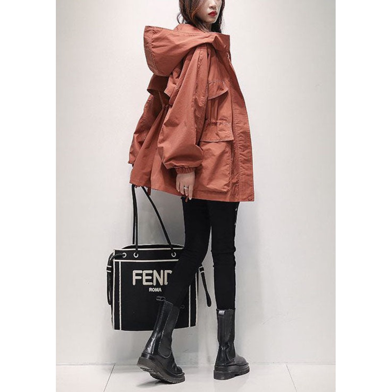Classy Brick Red Hooded Drawstring Fine Cotton Filled Cinch Jackets Spring