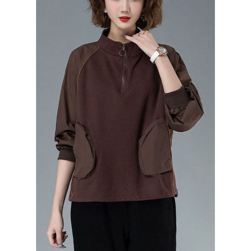 Coffee Patchwork Cotton Sweatshirts Tracksuits Pockets Drawstring Spring