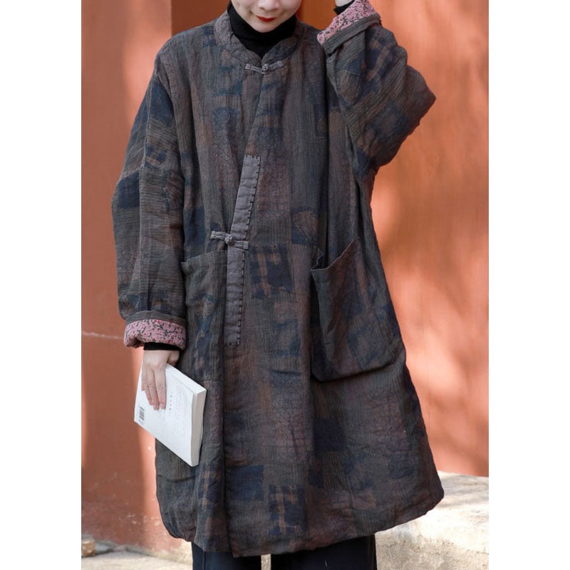 Coffee Patchwork Fine Cotton Filled Coat Pockets Print Winter