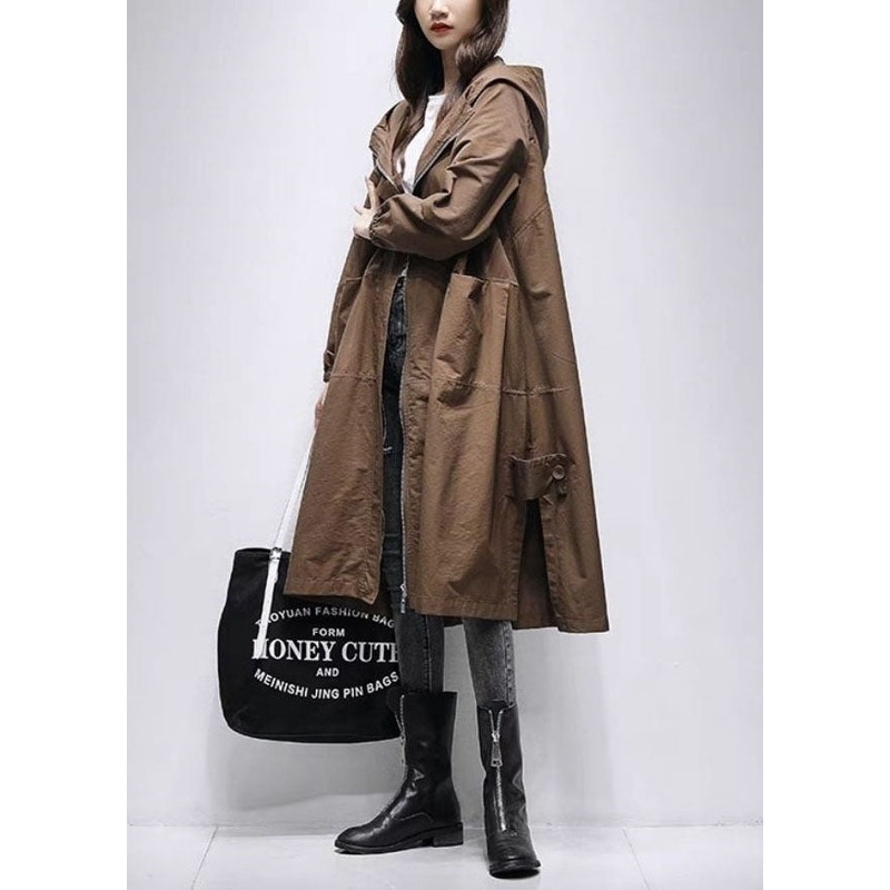 Coffee Patchwork Loose Trench Coat Zip Up Spring