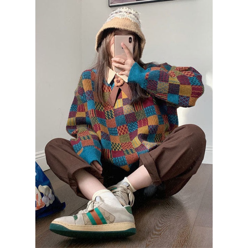 DIY Coffee Plaid Knit Vest And Floral Bow Shirt Women Sets 2 Pieces Winter
